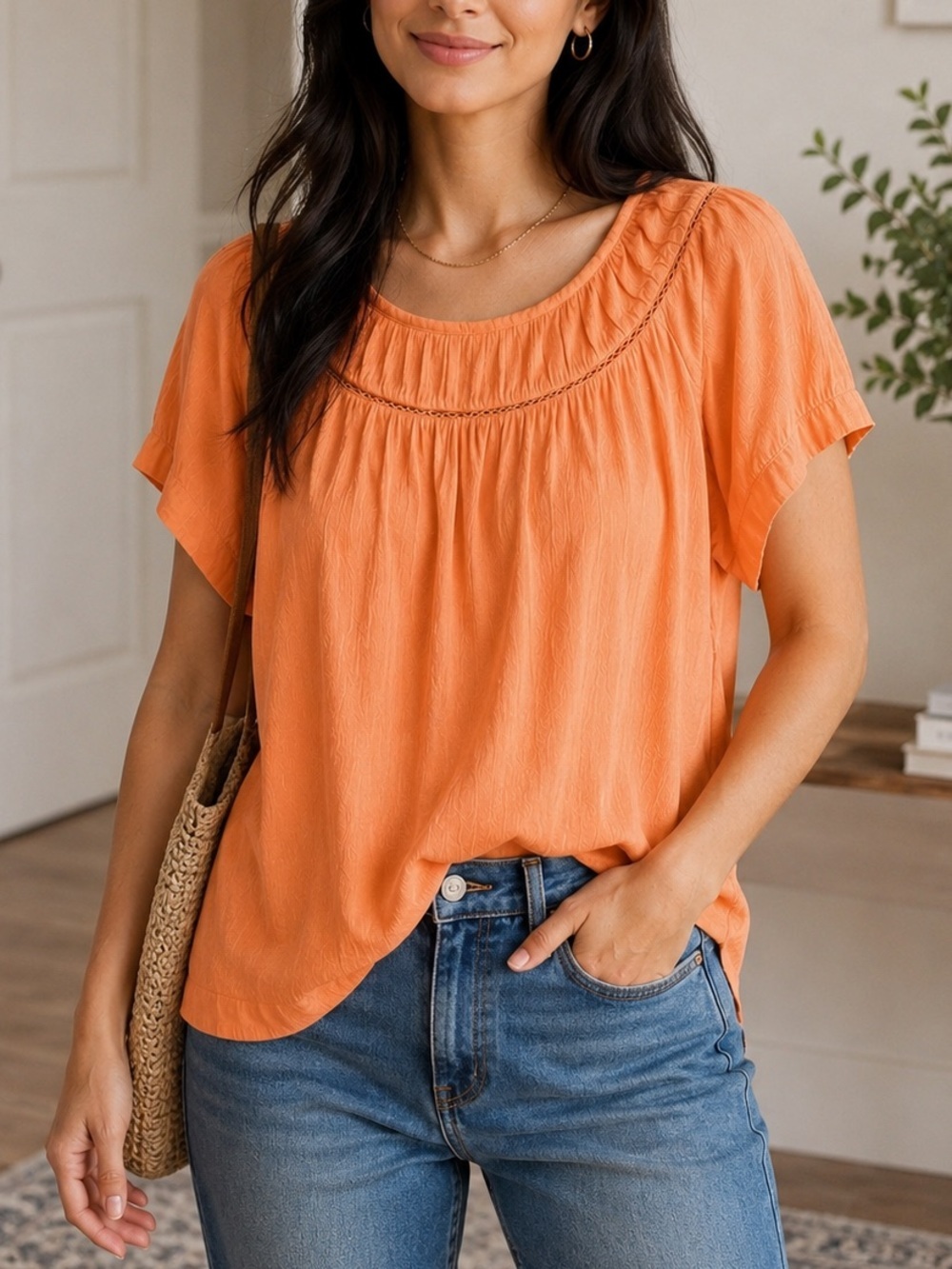 LOFT Soft Orange Pleated Neck Blouse | Size Medium